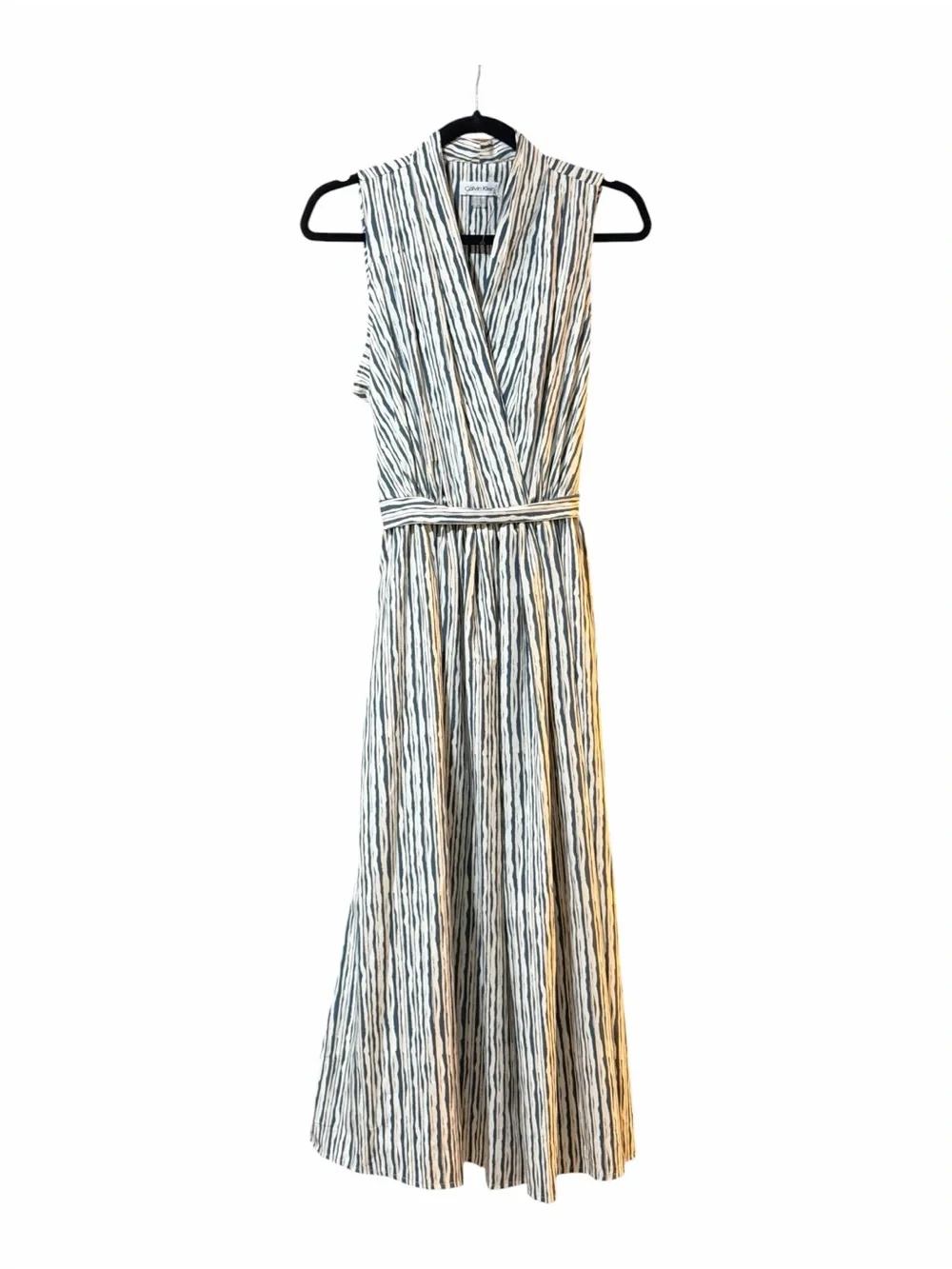 Calvin Klein Maxi Dress Size 10 Blue Stripe Wrap Waist Tie Coastal Chic Cottage - Picture 2 of 12